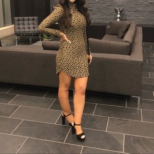 Leopard print bodycon mini dress with high neck